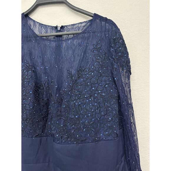 Mac Duggal Midnight Blue Long Sleeves Sequins Sheer Overlay Gown Size 16W - Picture 2 of 11